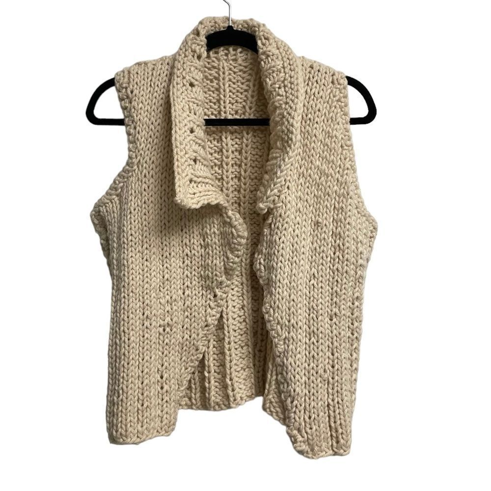 HAND KNIT HANDMADE Wool Open Oversized Sleeveless Cardigan Vest Sweater Cream M